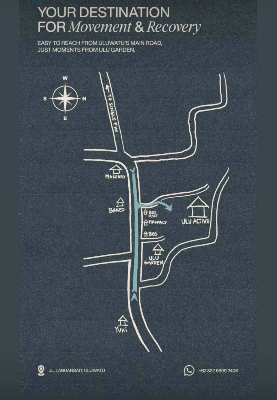 Hand-drawn location map to Ulu Active on Jl. Labuansait